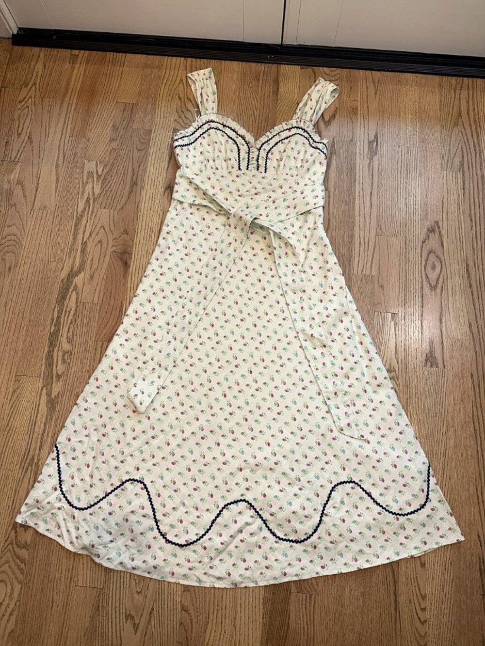 Free People Cream Rosebud Sweetheart Midi Dress Rickrack Trim Tie Belt Size M